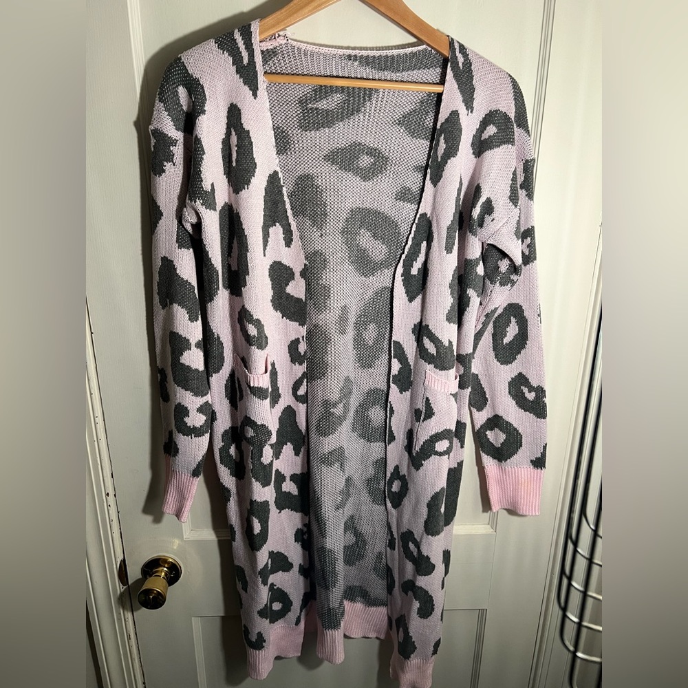 🌸NO BRAND WOOL BLEND OPEN CARDIGAN LEOPARD PRINT PINK GRAY WINTER WARM SWEATER